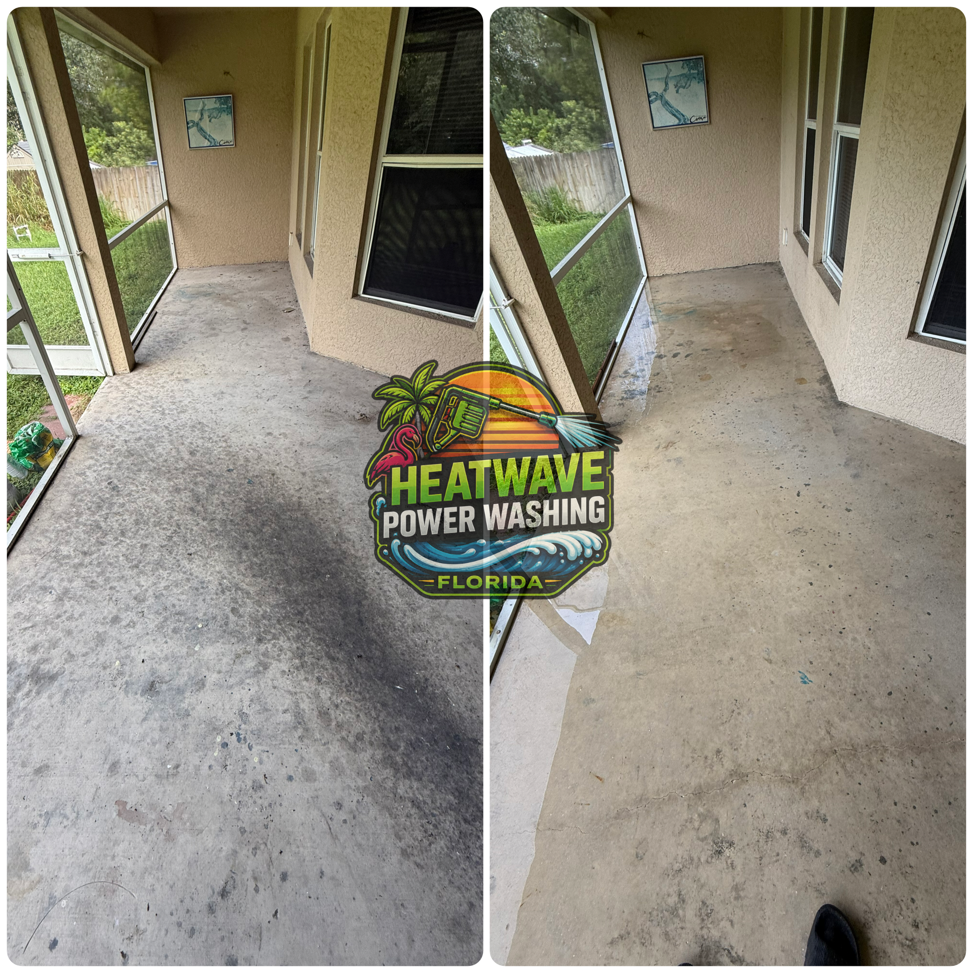 Before and after view of a cleaned lanai patio concrete floor.