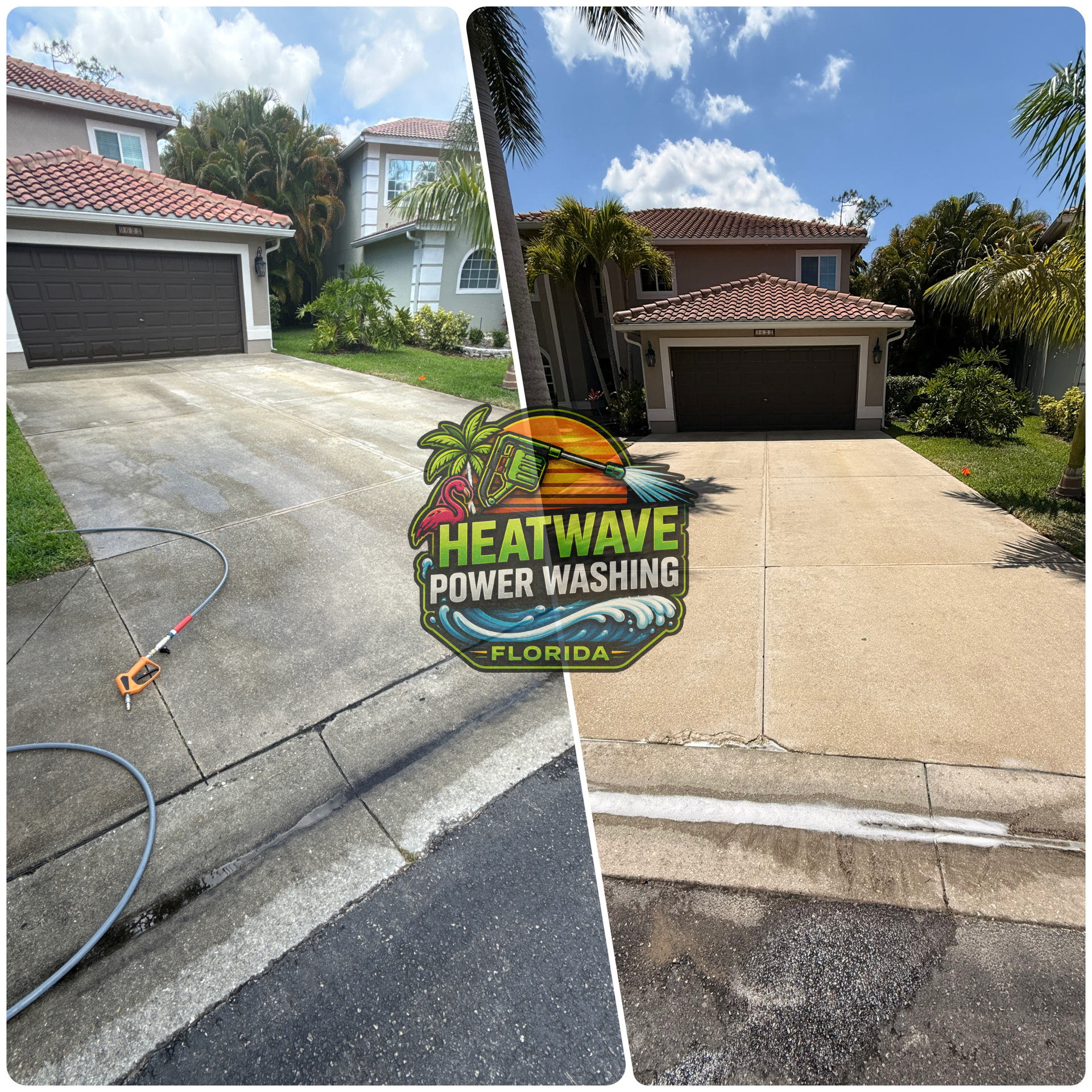 Before and after view of a residential driveway after power washing.