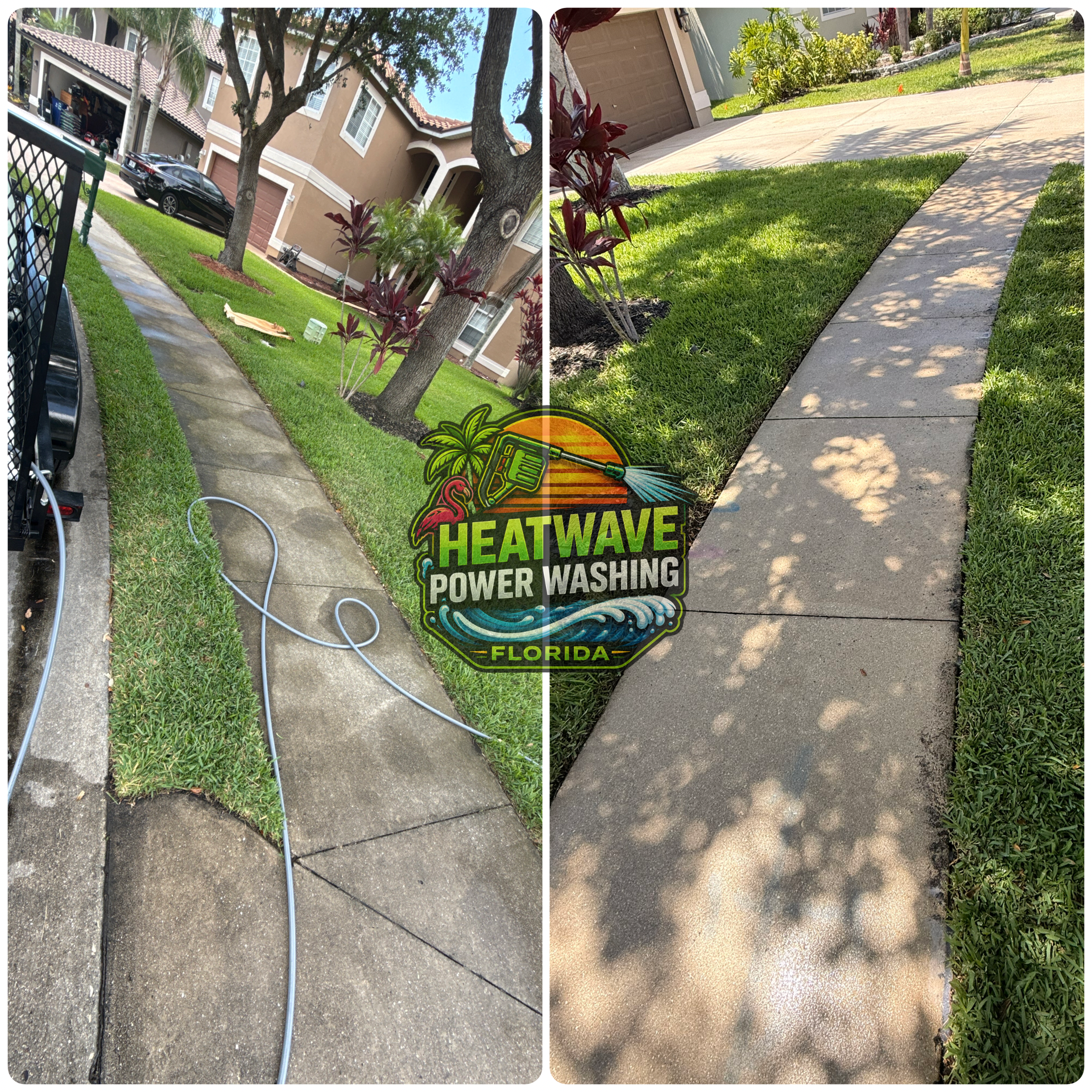 Before and after view of a front concrete walkway after pressure washing.