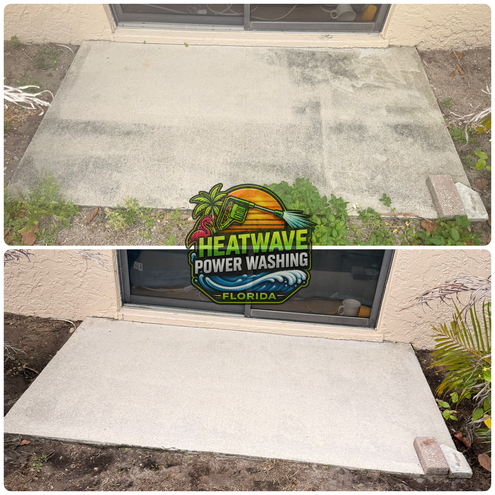 Before and after view of a concrete patio pad cleaned by a sliding door.