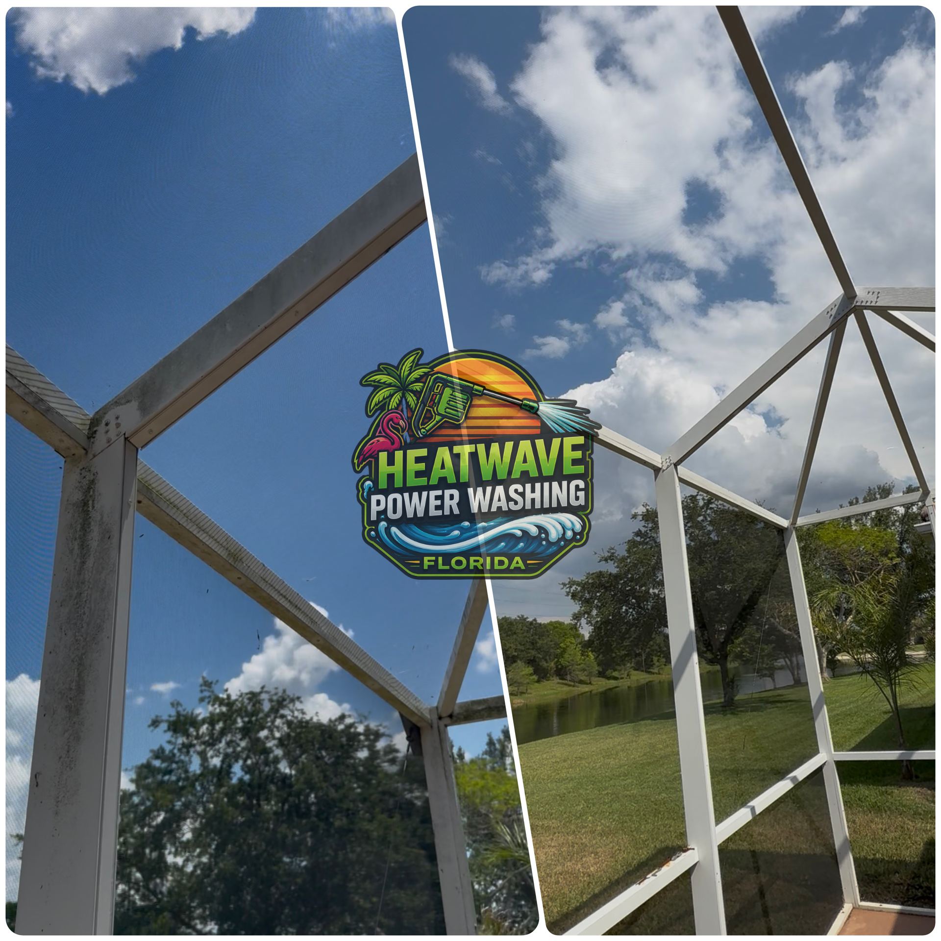 Before and after view of a lanai screen frame after exterior cleaning.